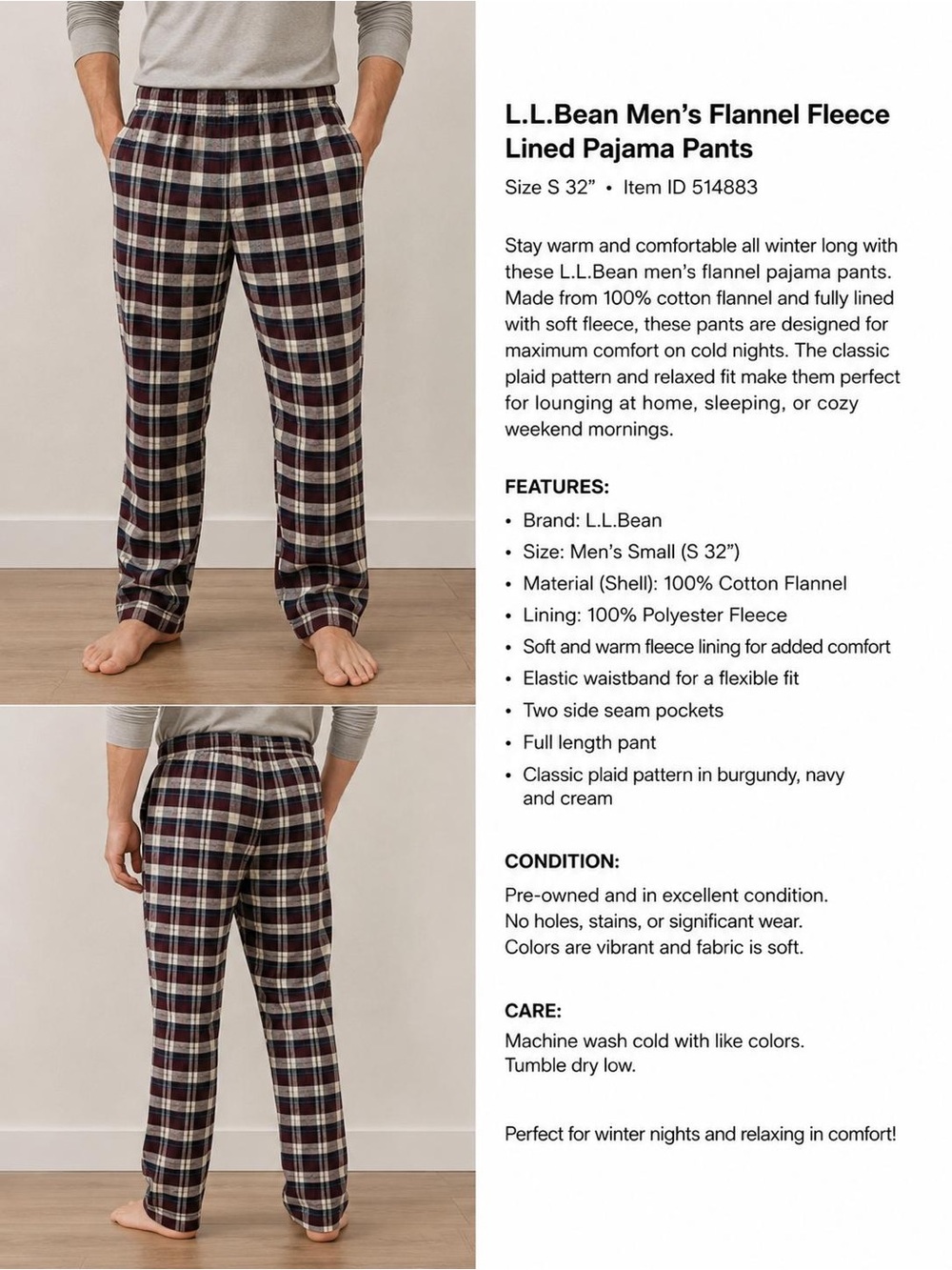 L.L. Bean Men's Plaid Flannel Pajama Pants - Burgundy, Navy, Cream Size S .